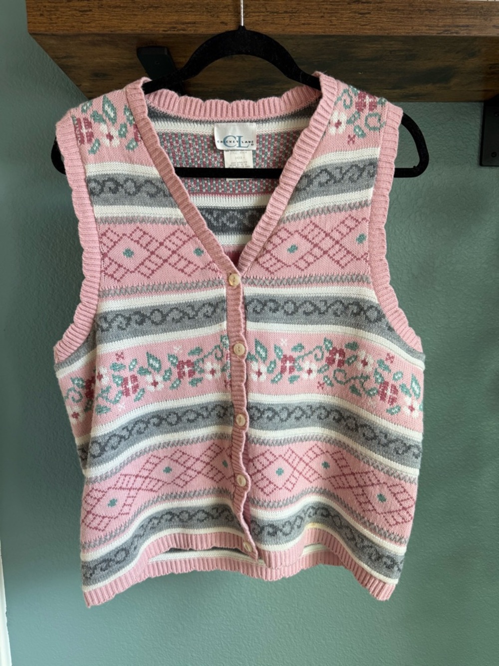 Vintage Cottagecore Floral Sweater Vest Pink Button Front Knit Top 90s Small